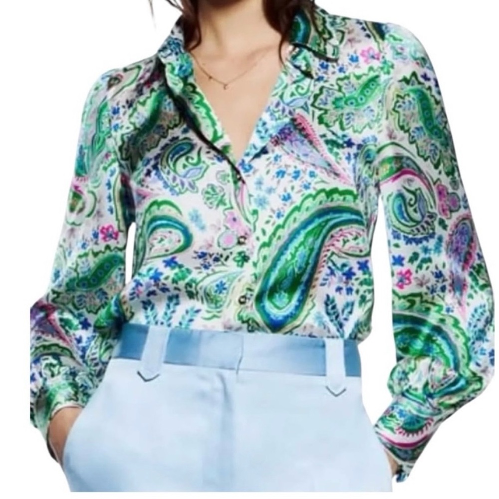 Zara Printed Paisley Button-Down Long Sleeve Top in Green and White
